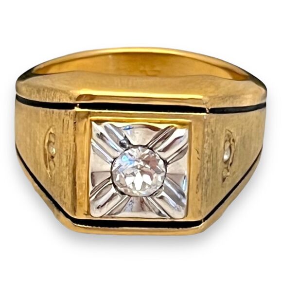 Vintage uncas ring gold - Gem Vintage 1970s Ring Size 9 Uncas CZ Square Bezel Textured Gold Plated - 14O